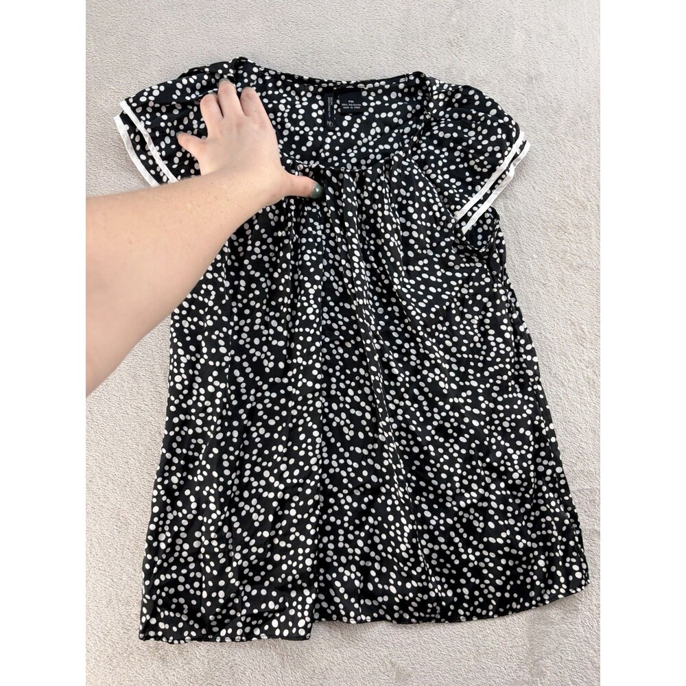 NEW DIRECTIONS Top Womens PM Black White Polka Dot Sheer Short Sleeve